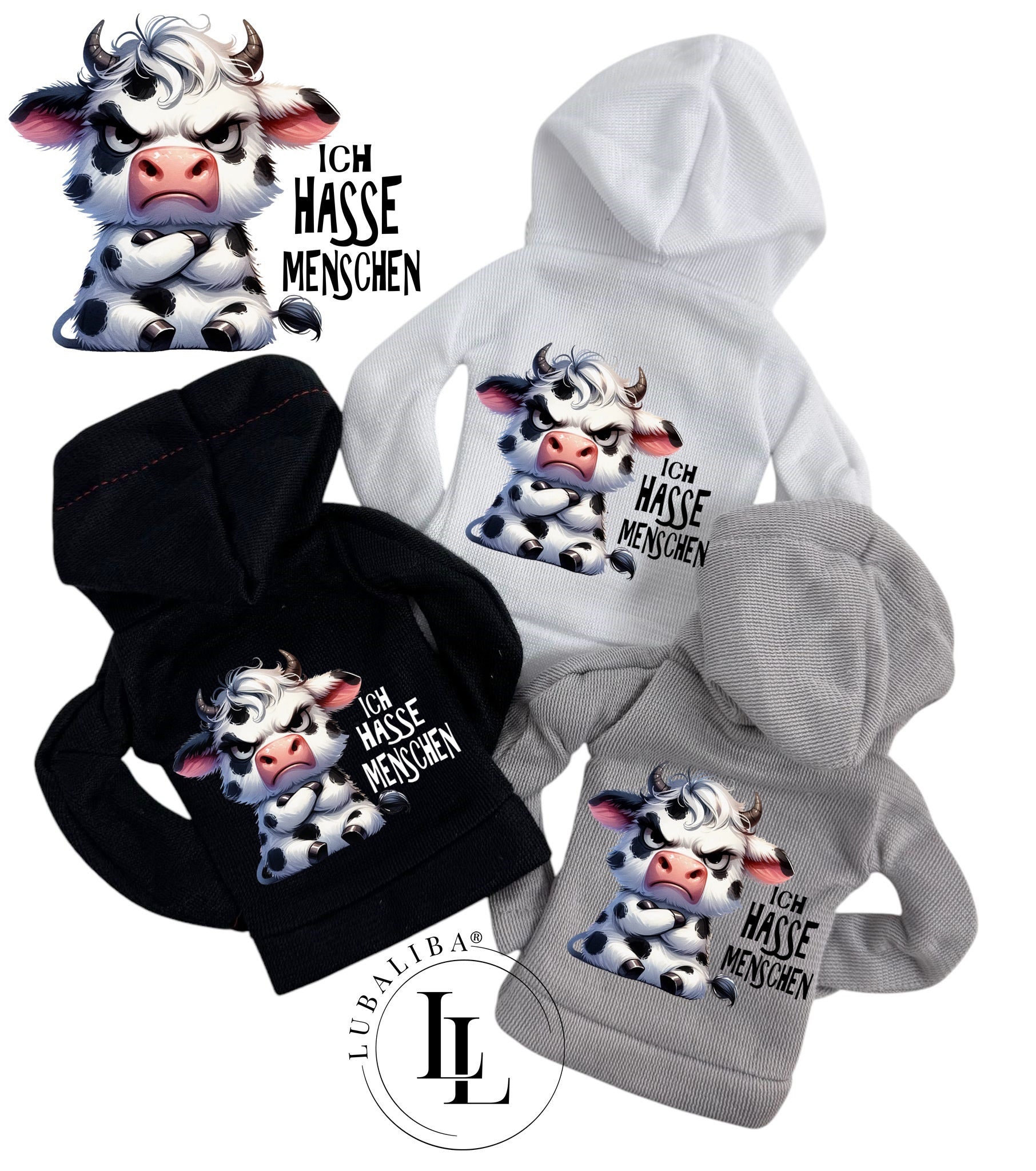 Mini Hoodie " Ich Hasse Menschen " Kuh Fleckbert Motiv: TAE